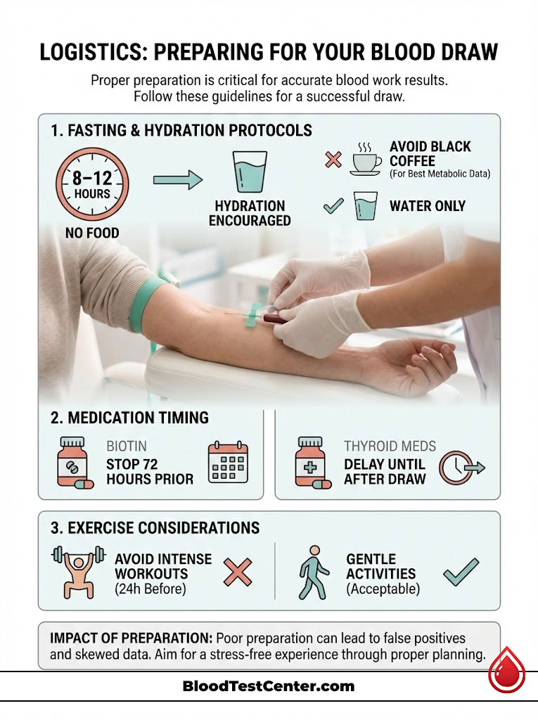 Infographic detailing blood draw preparation guidelines, including fasting, hydration, medication, and exercise considerations.