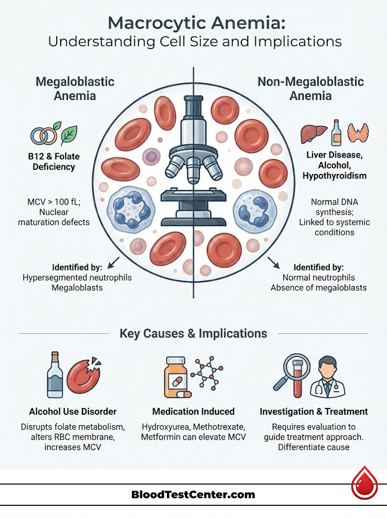 Infographic explaining macrocytic anemia, showing megaloblastic and non-megaloblastic types, causes, and implications.