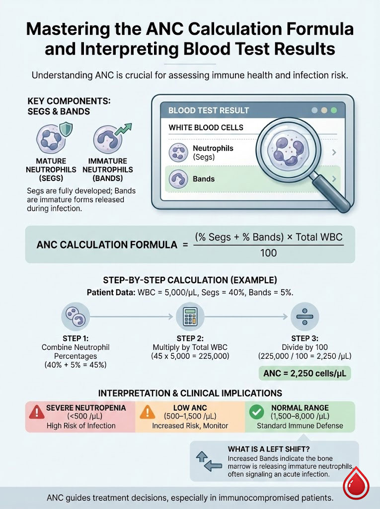 Infographic explaining ANC calculation, featuring blood test results, neutrophils, and step-by-step calculation example.