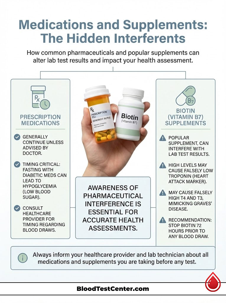 Infographic showing medications and supplements affecting lab test results, highlighting biotin and prescription medications.