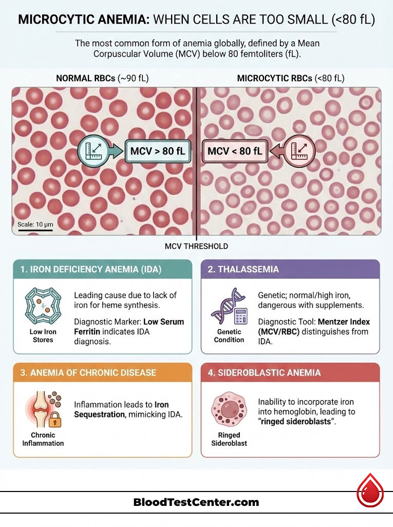 Infographic explaining microcytic anemia with normal and microcytic RBC images, causes, and diagnostic markers.