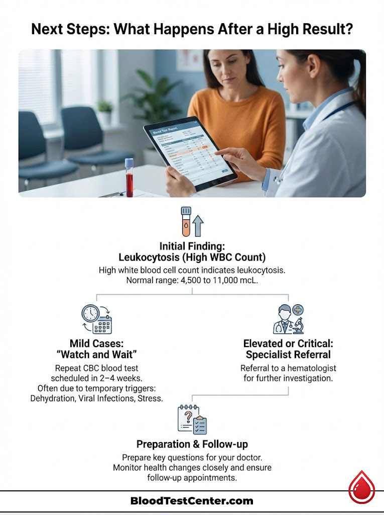 Infographic detailing steps after high white blood cell count, including findings and follow-up actions.