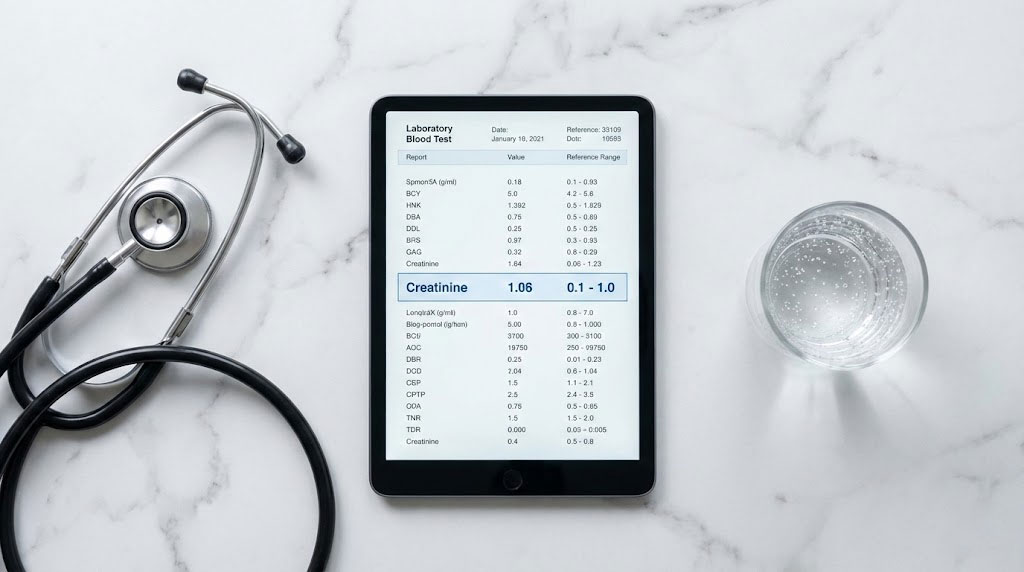 A tablet displaying a laboratory blood test report next to a stethoscope and a glass of water on a marble surface.