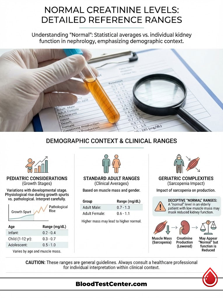 Infographic showing normal creatinine levels, pediatric considerations, adult ranges, and geriatric complexities with charts and icons.