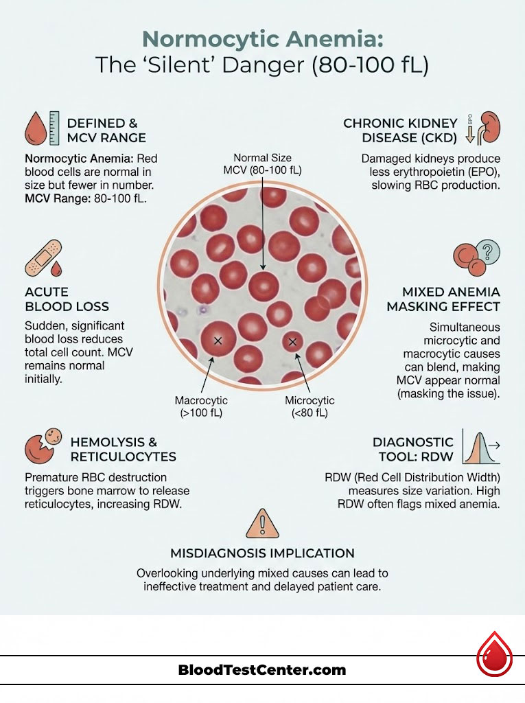 Infographic explaining normocytic anemia, its causes, and diagnostic tools with blood cell illustrations.