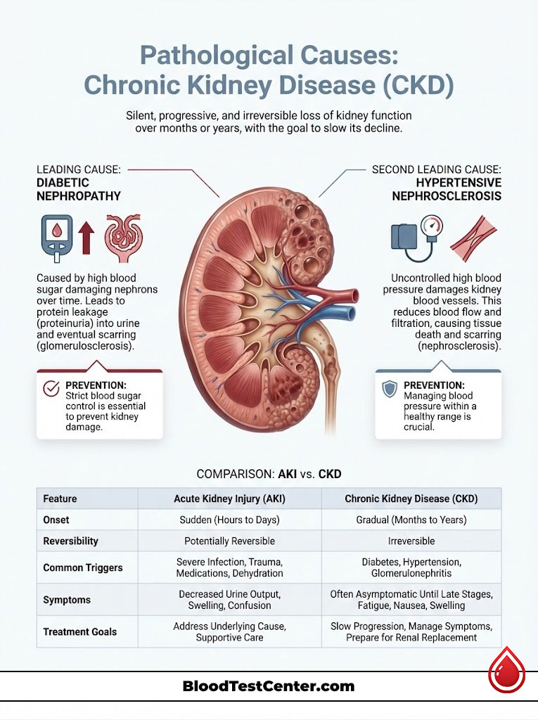 Infographic on chronic kidney disease causes, featuring kidney illustrations, prevention tips, and AKI vs. CKD comparison.
