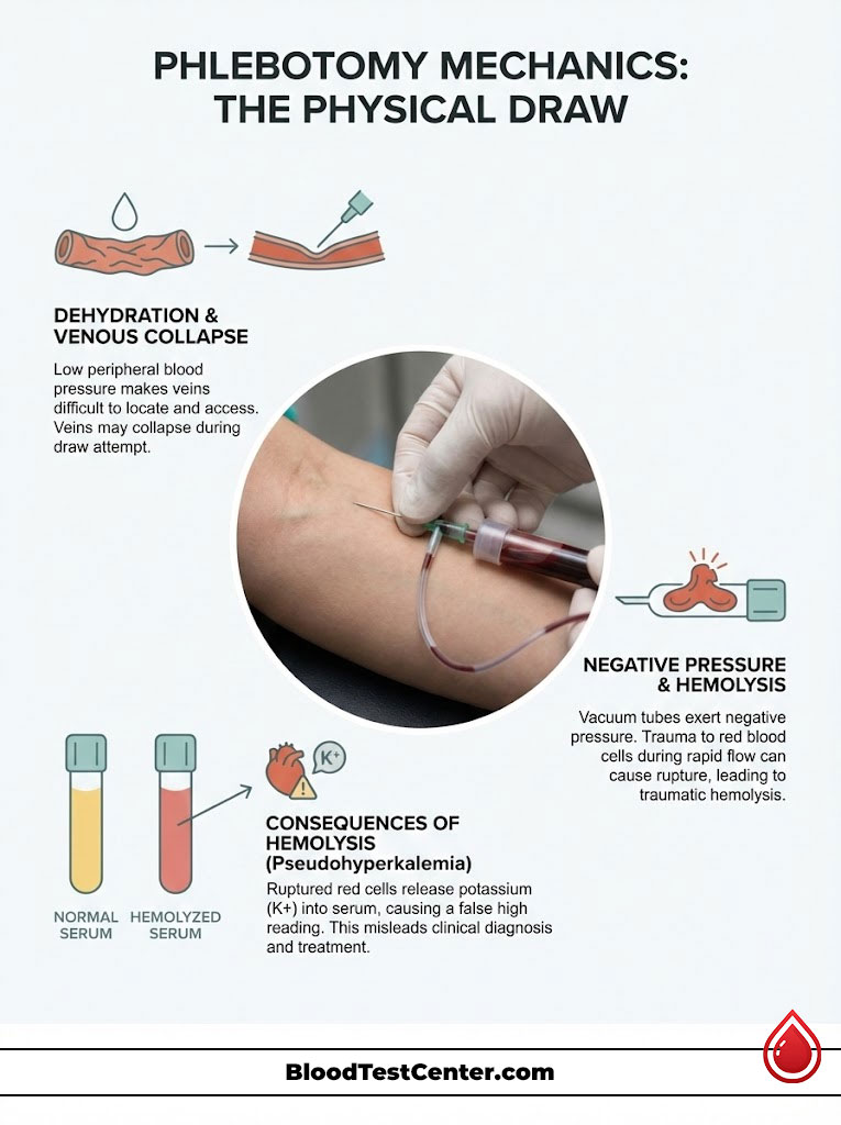 Infographic illustrating phlebotomy mechanics with text on dehydration, hemolysis, and blood draw techniques.