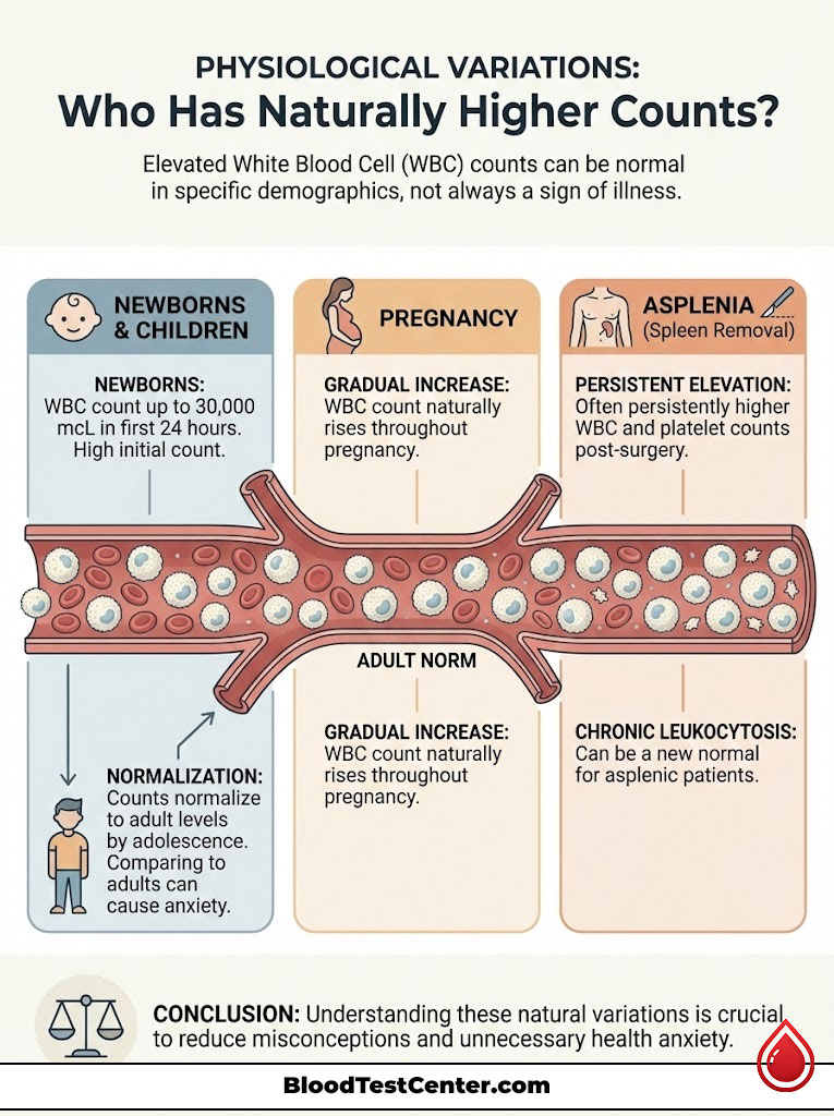 Infographic showing physiological variations in white blood cell counts across demographics like newborns, pregnancy, and asplenia.