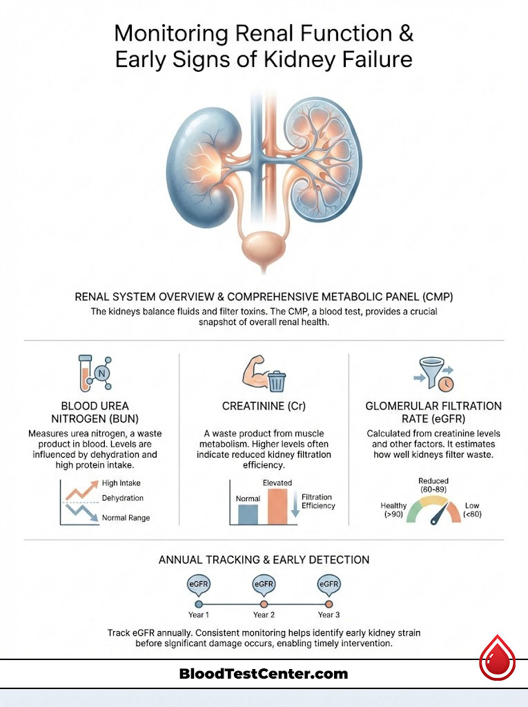 Infographic on monitoring renal function with kidney illustration, BUN, creatinine, eGFR data, and tracking timeline.