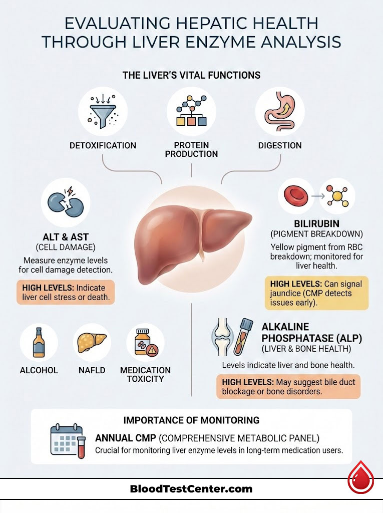 Infographic on liver enzyme analysis showing liver functions, enzyme levels, and health indicators.