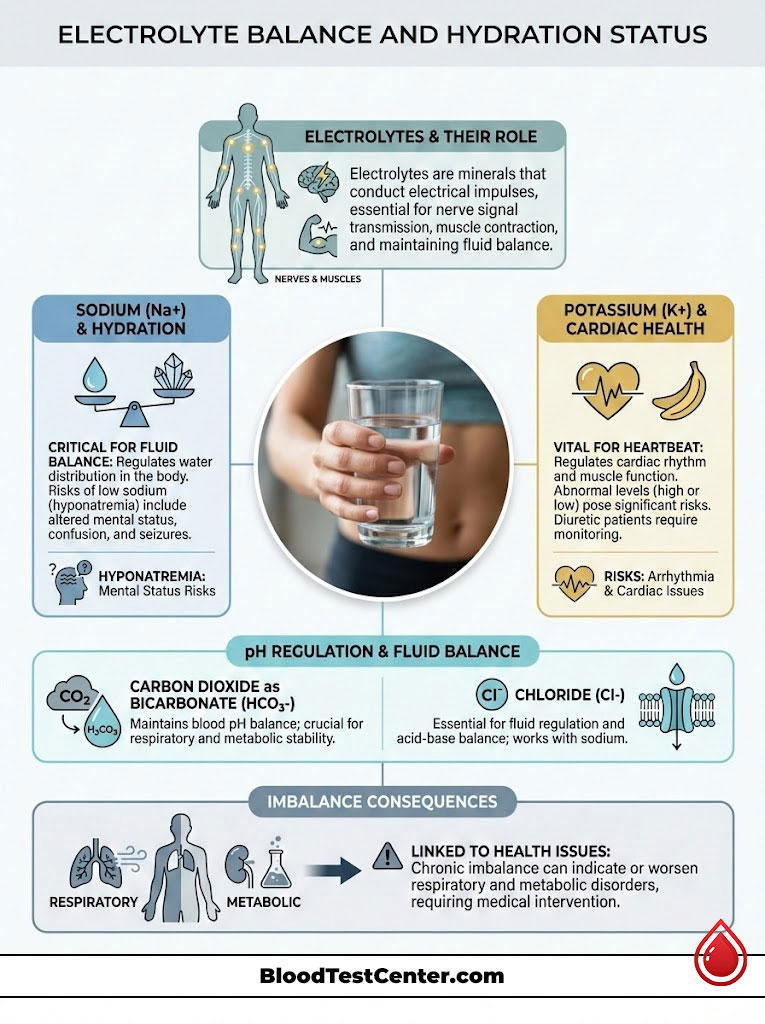 Infographic explaining electrolytes, hydration, sodium, potassium, and their health impacts with icons and charts.