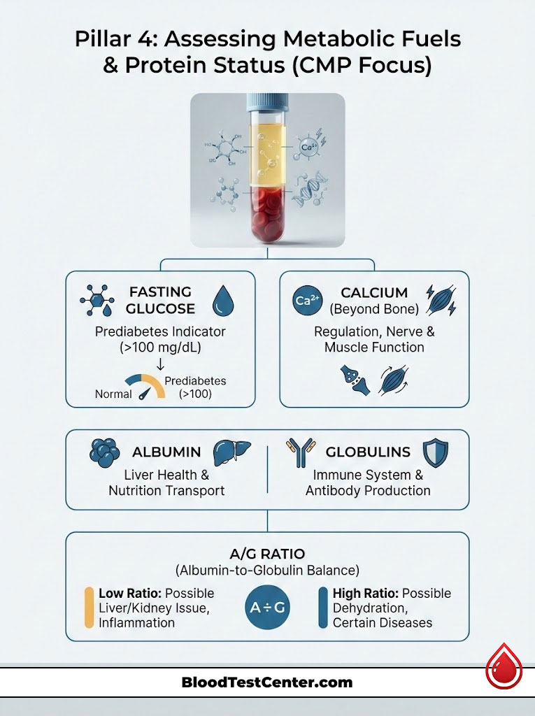 Infographic on assessing metabolic fuels and protein status, featuring glucose, calcium, albumin, globulins, and A/G ratio.