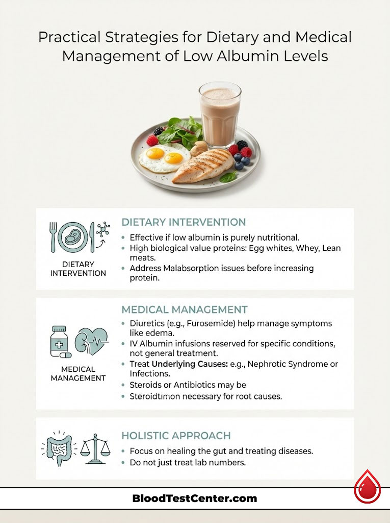 Infographic detailing strategies for managing low albumin levels, featuring dietary intervention, medical management, and holistic approaches.