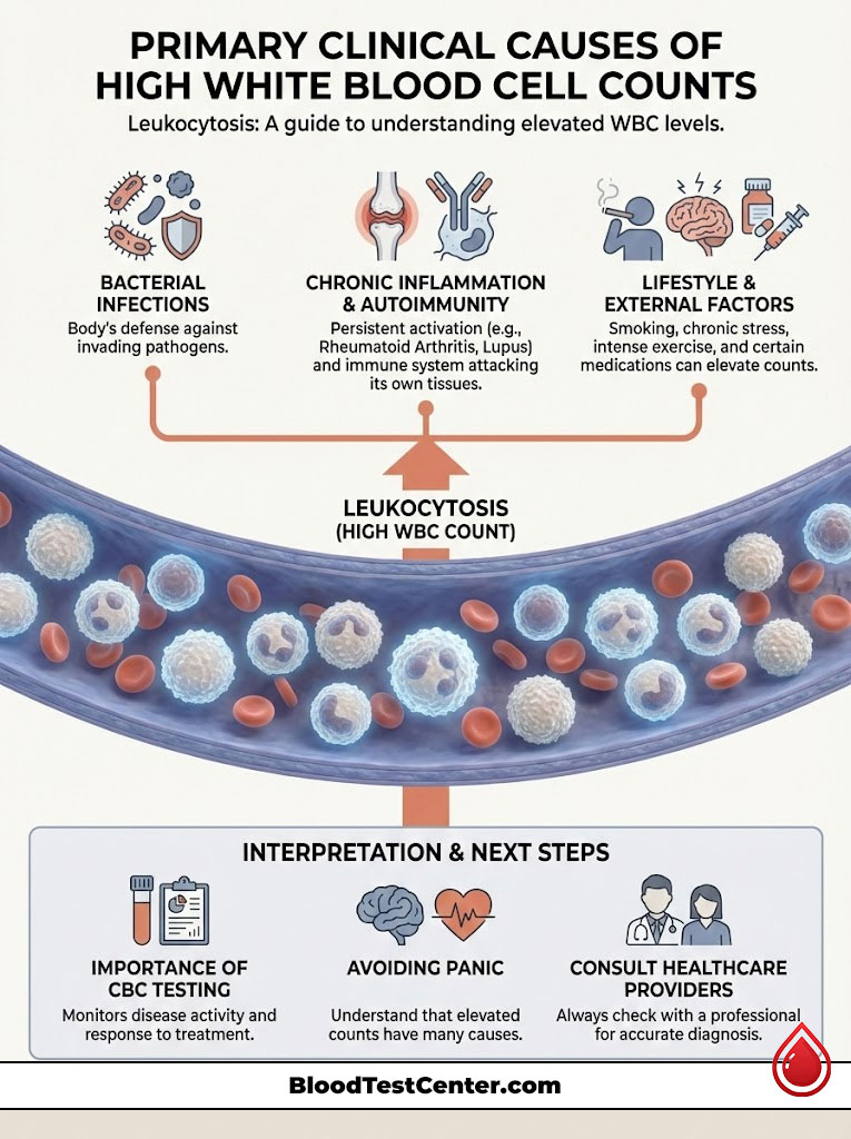 Infographic explaining high white blood cell counts causes, including bacterial infections and lifestyle factors.