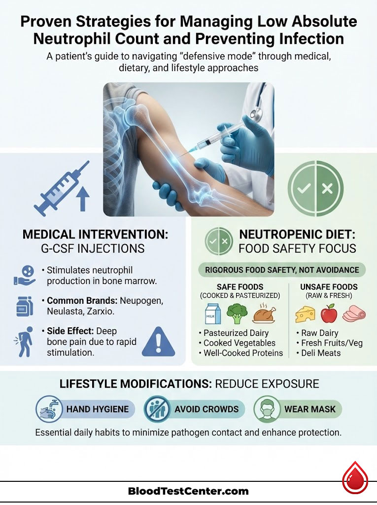 Infographic on managing low neutrophil count with medical, dietary, and lifestyle strategies, featuring charts and icons.