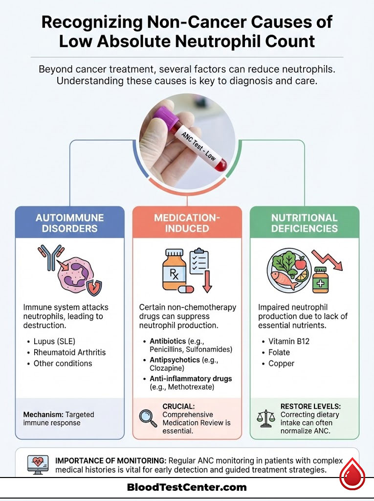 Infographic explaining non-cancer causes of low absolute neutrophil count with charts and icons on disorders, medications, and deficiencies.