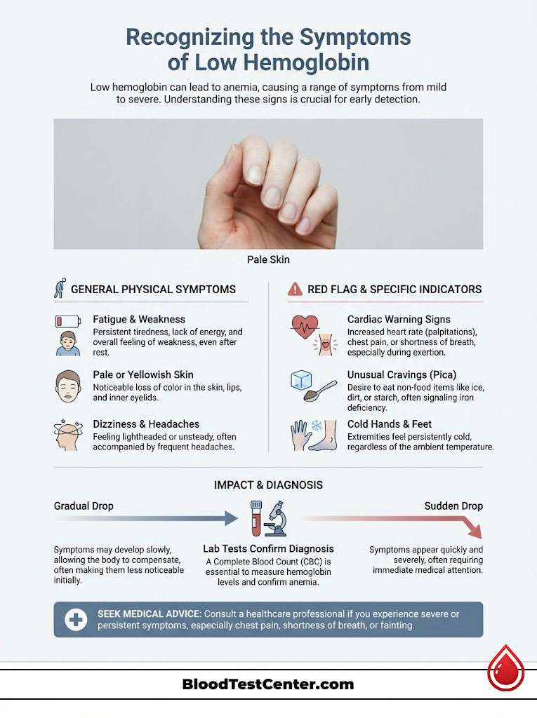 Infographic showing symptoms of low hemoglobin, including pale skin, fatigue, and dizziness, with diagnostic advice.