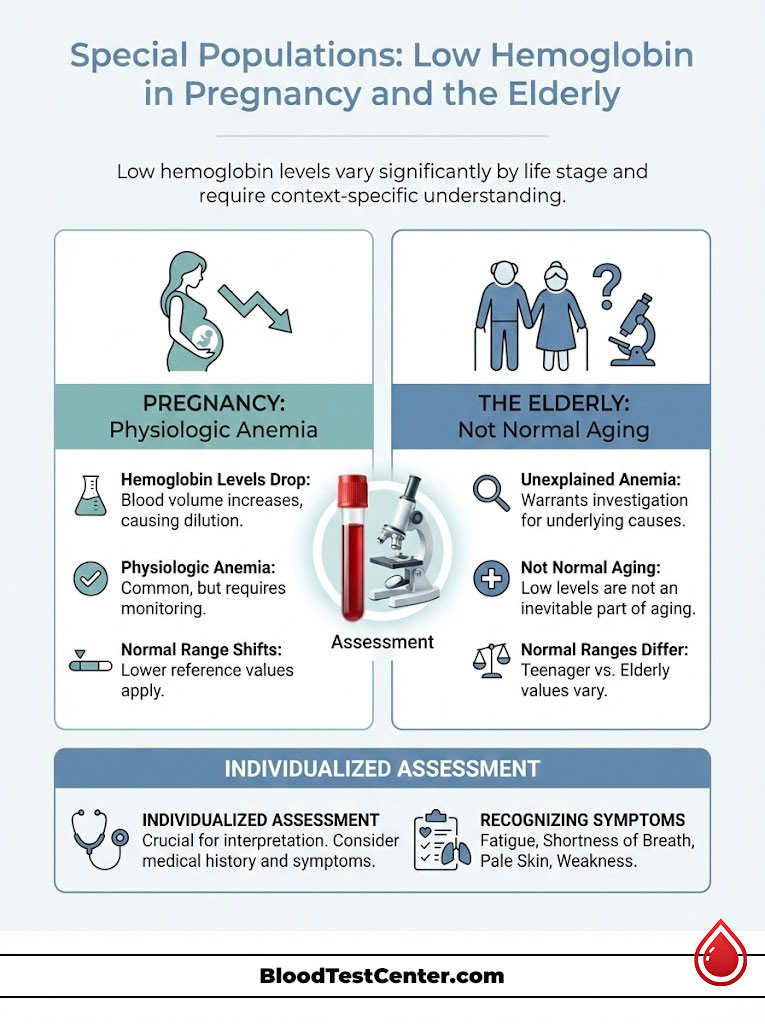 Infographic explaining low hemoglobin in pregnancy and the elderly, with charts and icons detailing anemia types and assessments.