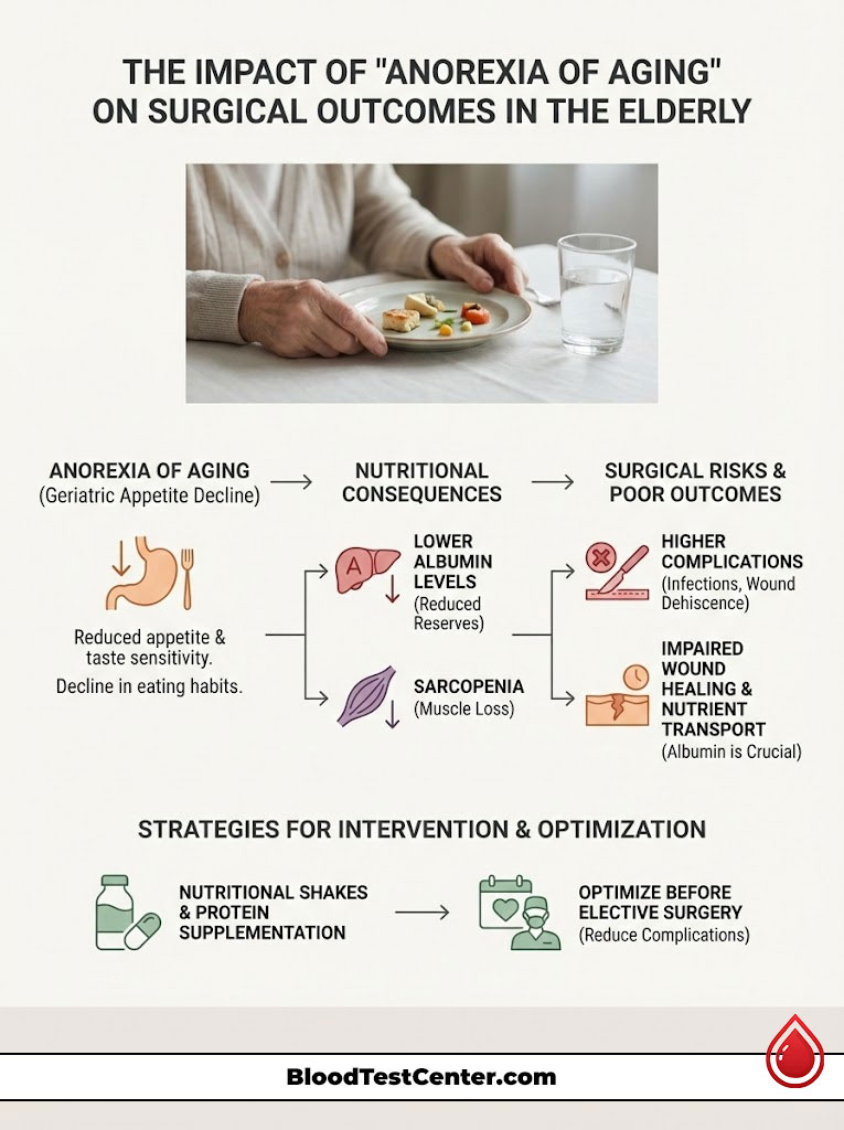 Infographic showing the impact of anorexia of aging on surgical outcomes in the elderly, including nutritional consequences and strategies.