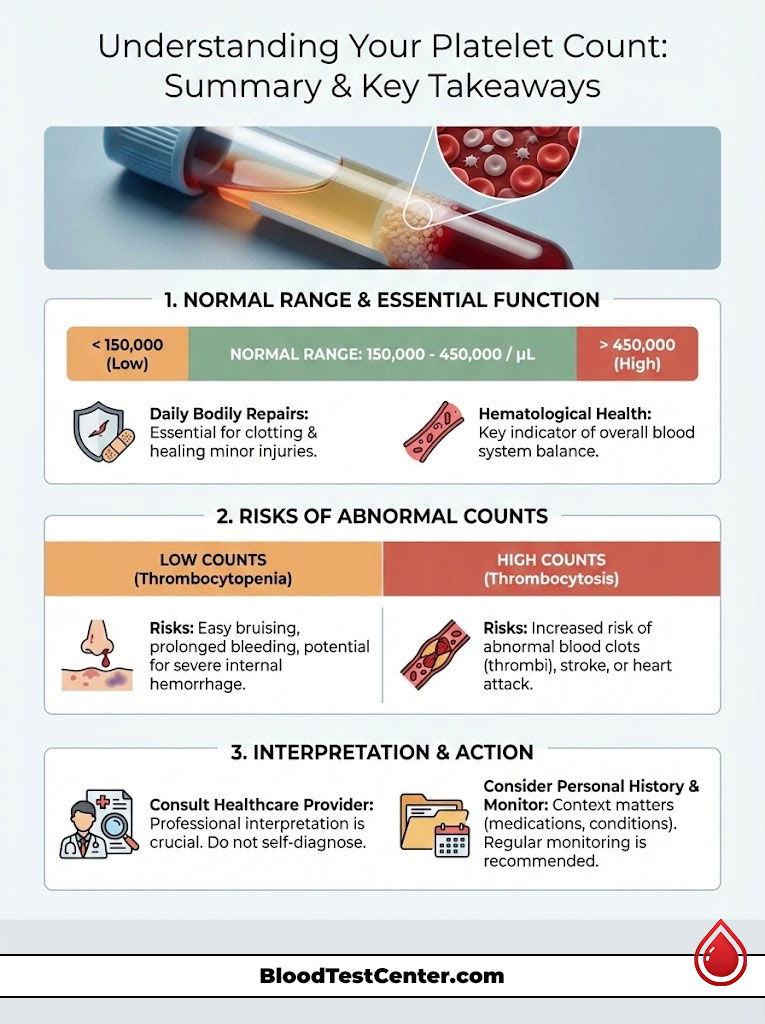 Infographic explaining platelet count ranges, risks of low and high counts, and interpretation actions.