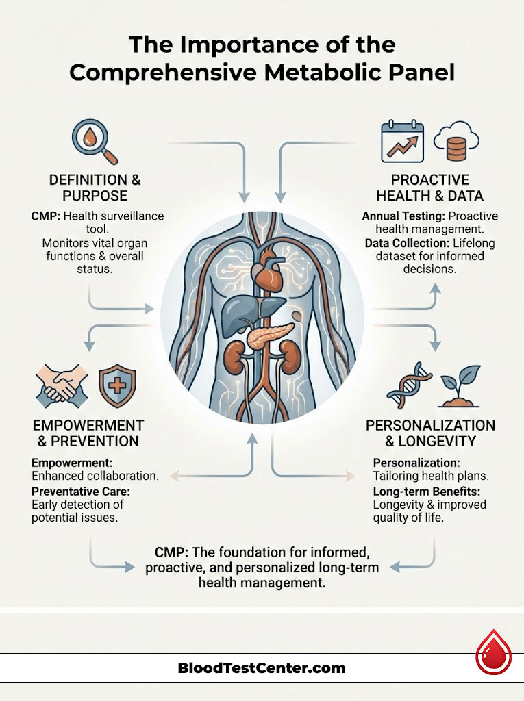 Infographic explaining the Comprehensive Metabolic Panel's purpose, benefits, and health management strategies.