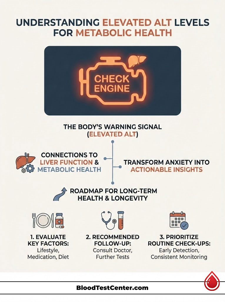 Infographic explaining elevated ALT levels for metabolic health, featuring a check engine icon and key health recommendations.