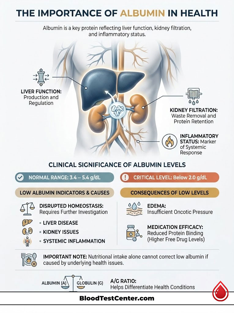 Infographic showing the importance of albumin in health, including liver function, kidney filtration, and inflammatory status.