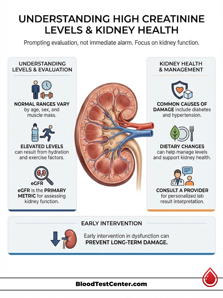 Infographic explaining high creatinine levels and kidney health, featuring kidney illustration, evaluation tips, and management advice.