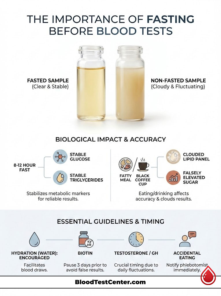 Infographic showing fasted vs. non-fasted blood samples with biological impacts and guidelines for blood tests.