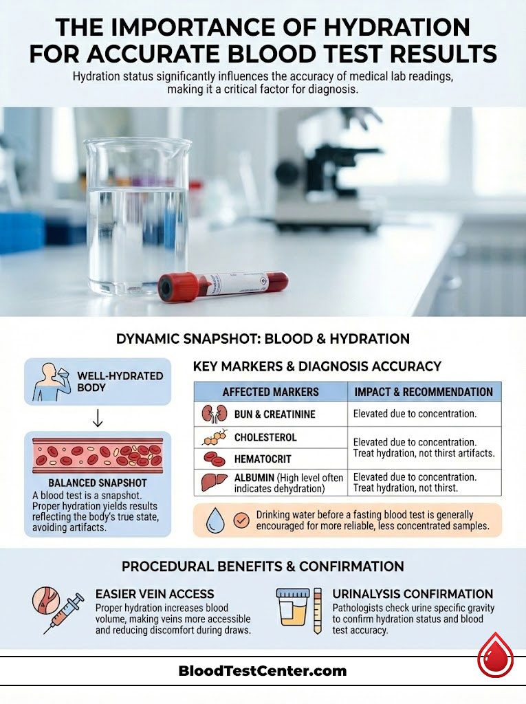 Infographic showing hydration's impact on blood test accuracy, including charts and key markers for diagnosis.