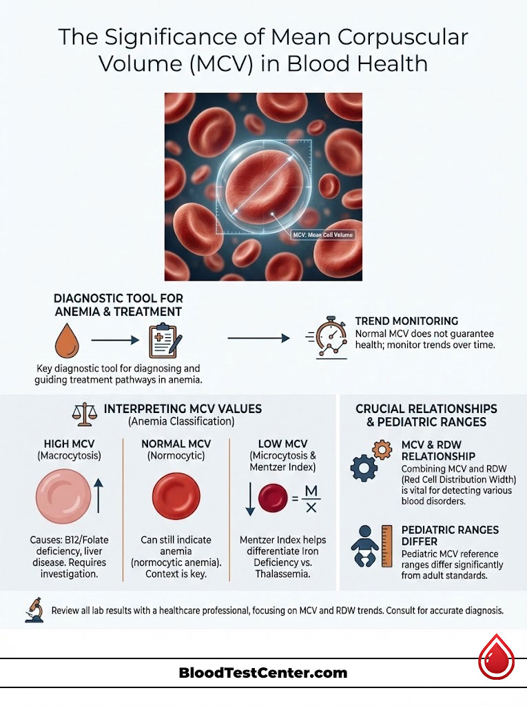 Infographic explaining Mean Corpuscular Volume (MCV) in blood health with charts and blood cell illustrations.