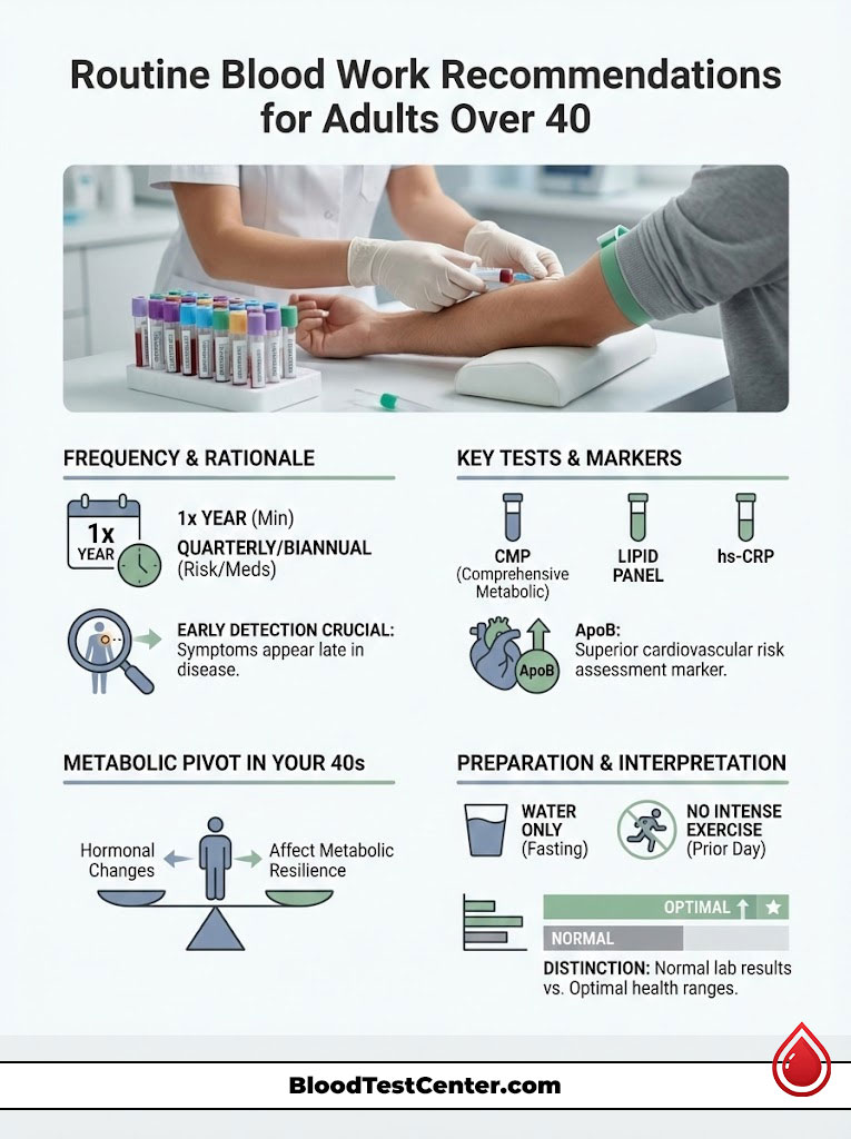 Infographic detailing blood work recommendations for adults over 40, including key tests and preparation guidelines.