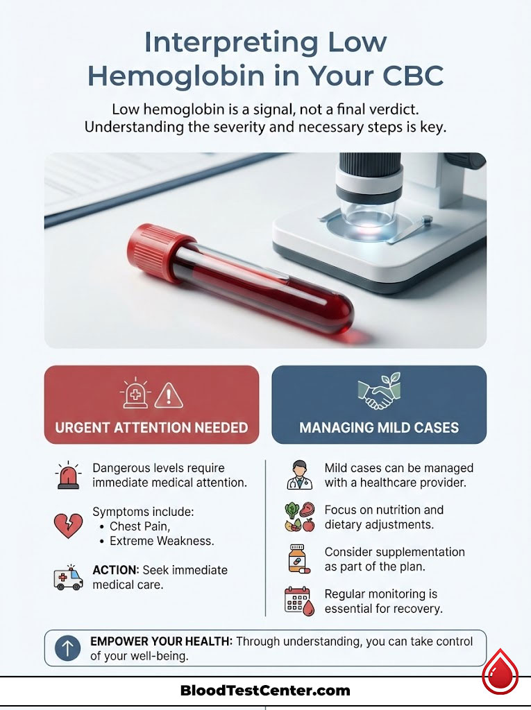 Infographic explaining low hemoglobin levels, symptoms, and actions needed for urgent and mild cases.