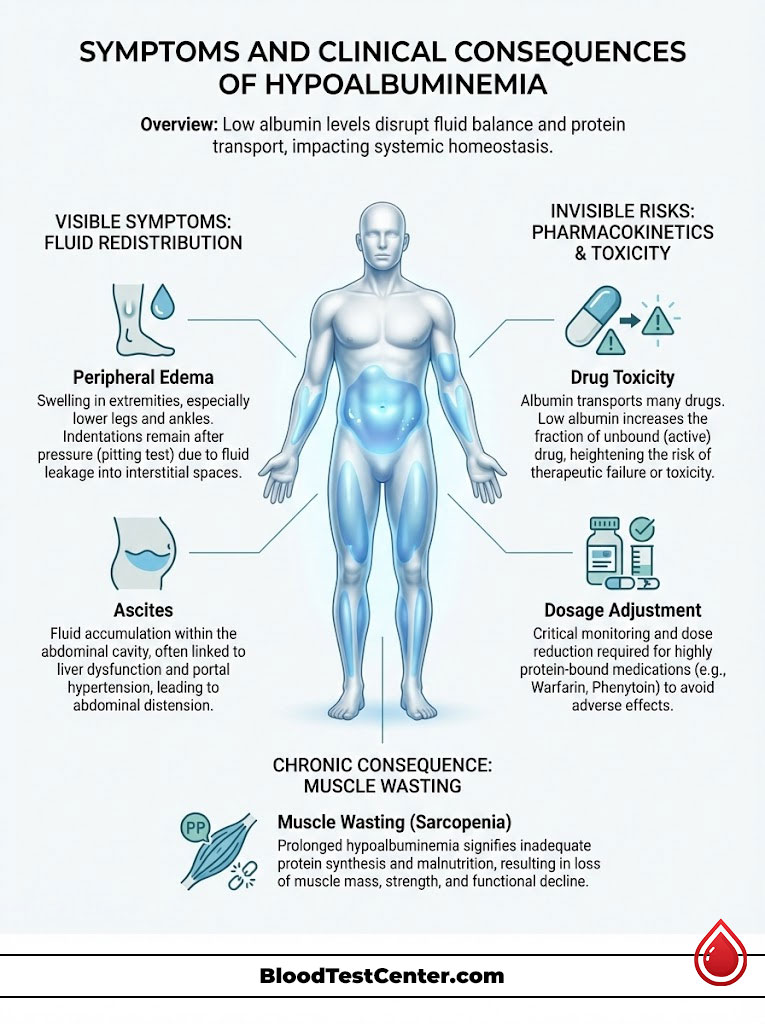 Infographic showing symptoms and consequences of hypoalbuminemia, including edema, ascites, and muscle wasting.