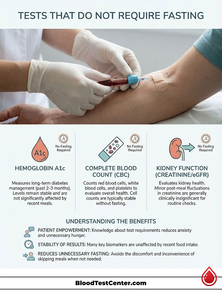 Infographic showing blood tests that do not require fasting, including Hemoglobin A1c, CBC, and Kidney Function tests.