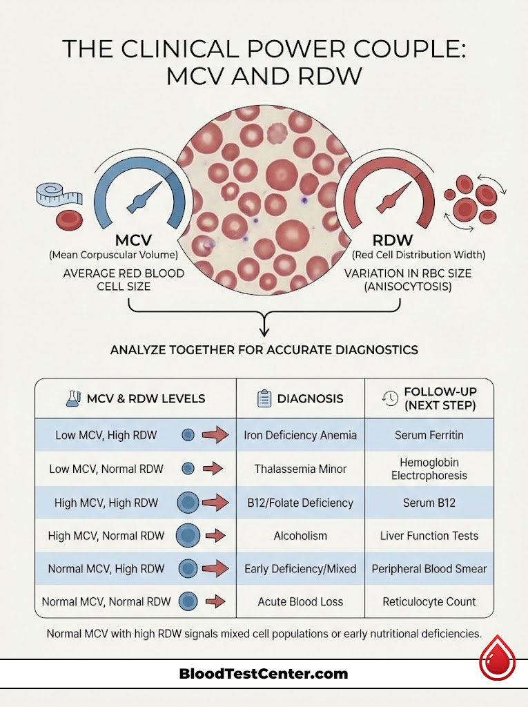 Infographic explaining MCV and RDW blood test metrics with charts, diagnoses, and follow-up steps.