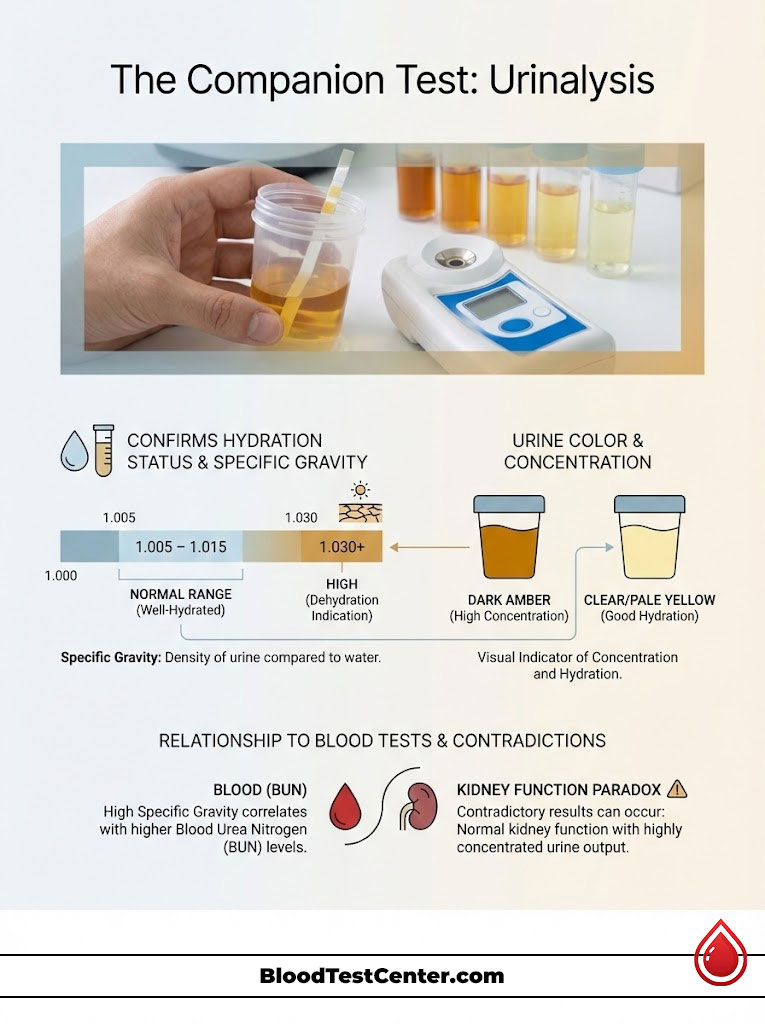 Infographic showing urinalysis hydration levels, urine color, and specific gravity with visual indicators and data.