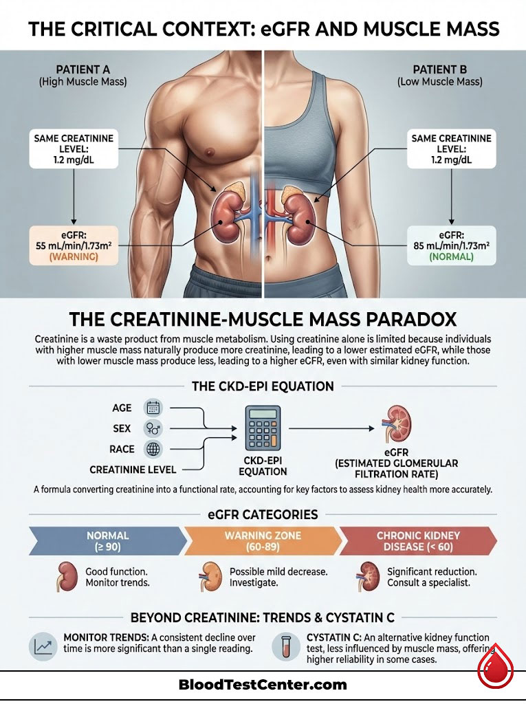 Infographic comparing eGFR and muscle mass in patients A and B, showing creatinine levels and kidney function categories.