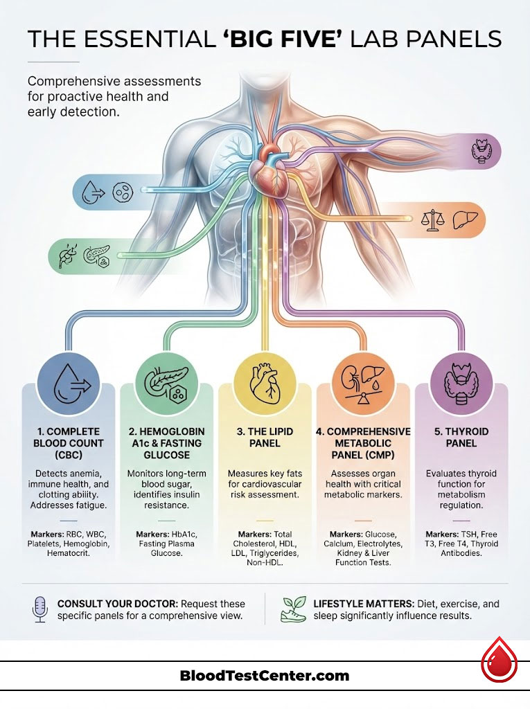 Infographic showing the 'Big Five' lab panels for health assessments with icons and descriptions for each panel.