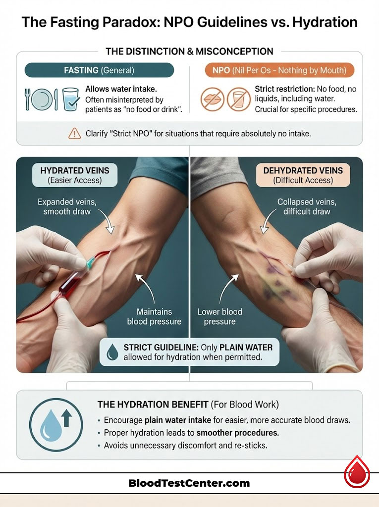 Infographic comparing NPO guidelines and hydration effects on vein access during blood draws.
