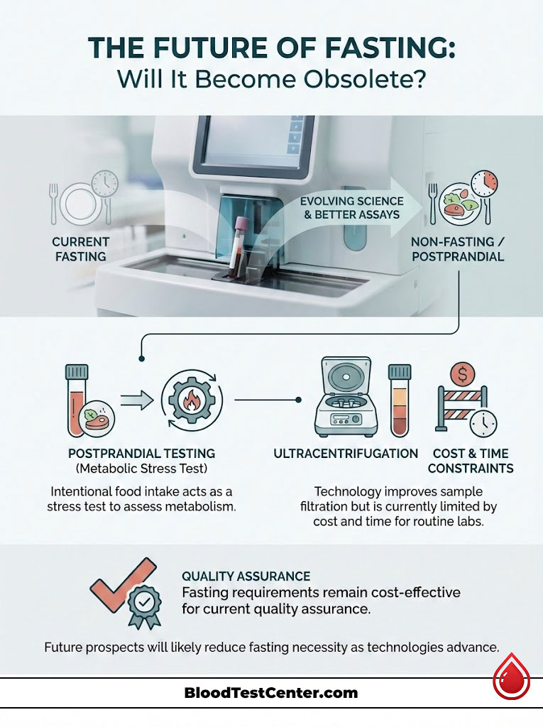 Infographic on the future of fasting, featuring current fasting, postprandial testing, ultracentrifugation, and cost constraints.