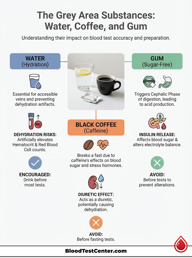 Infographic explaining the effects of water, coffee, and gum on blood test accuracy and preparation.