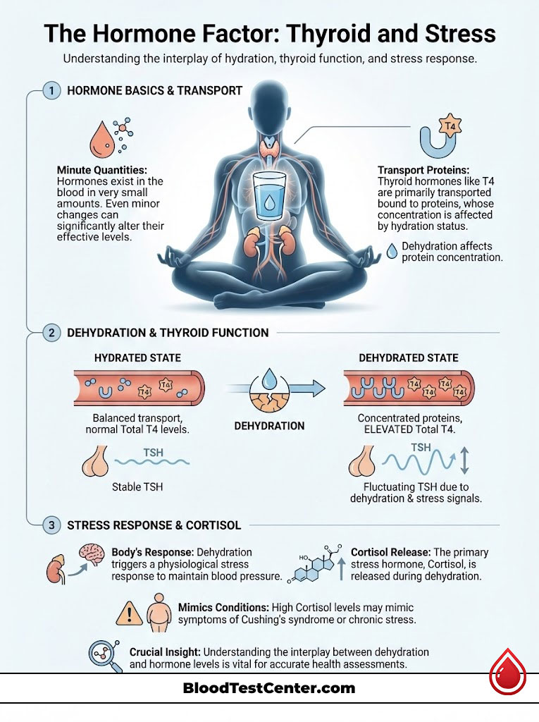 Infographic illustrating the relationship between hydration, thyroid function, and stress response with charts and icons.