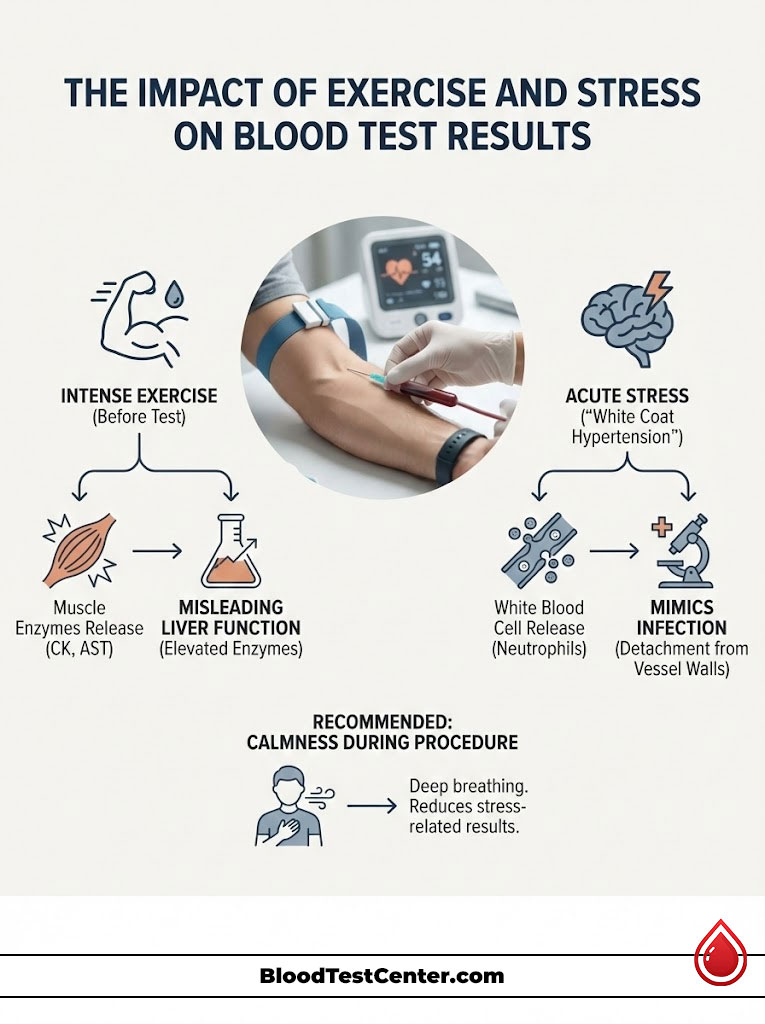 Infographic showing the impact of exercise and stress on blood test results with icons and data points.