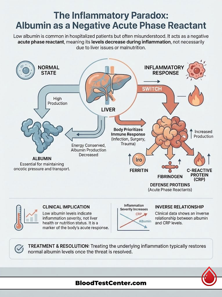 Infographic explaining albumin as a negative acute phase reactant, showing liver function and inflammation response.