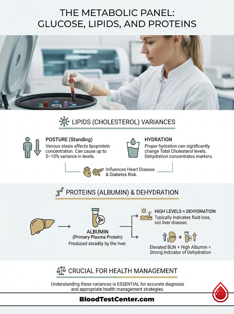 Infographic explaining variances in glucose, lipids, and proteins in blood tests with icons and charts.