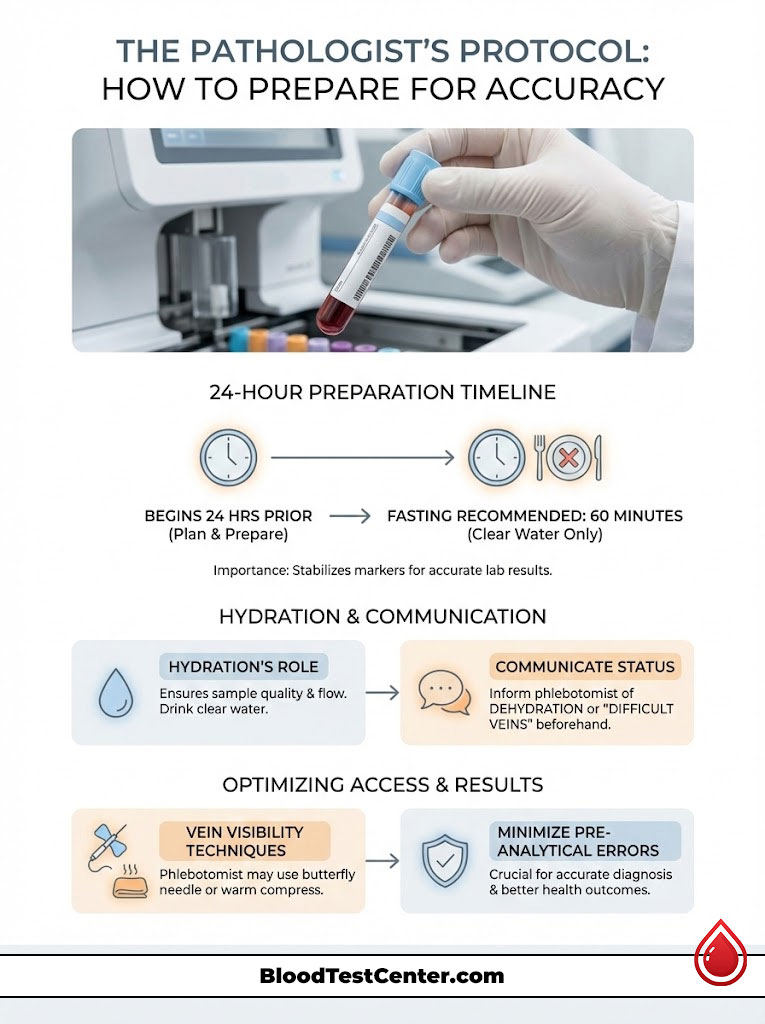 Infographic detailing preparation for blood tests, including timelines, hydration, and vein visibility techniques.