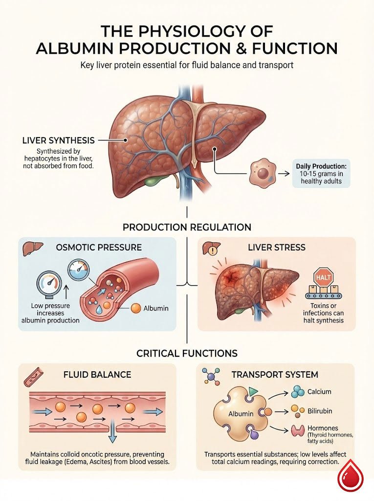 Infographic illustrating the physiology of albumin production and function, featuring liver synthesis, production regulation, and critical functions.