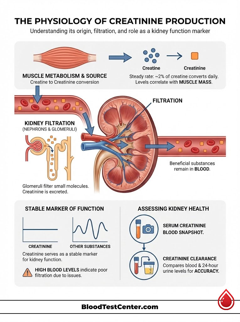 Infographic explaining creatinine production, muscle metabolism, kidney filtration, and assessing kidney health.