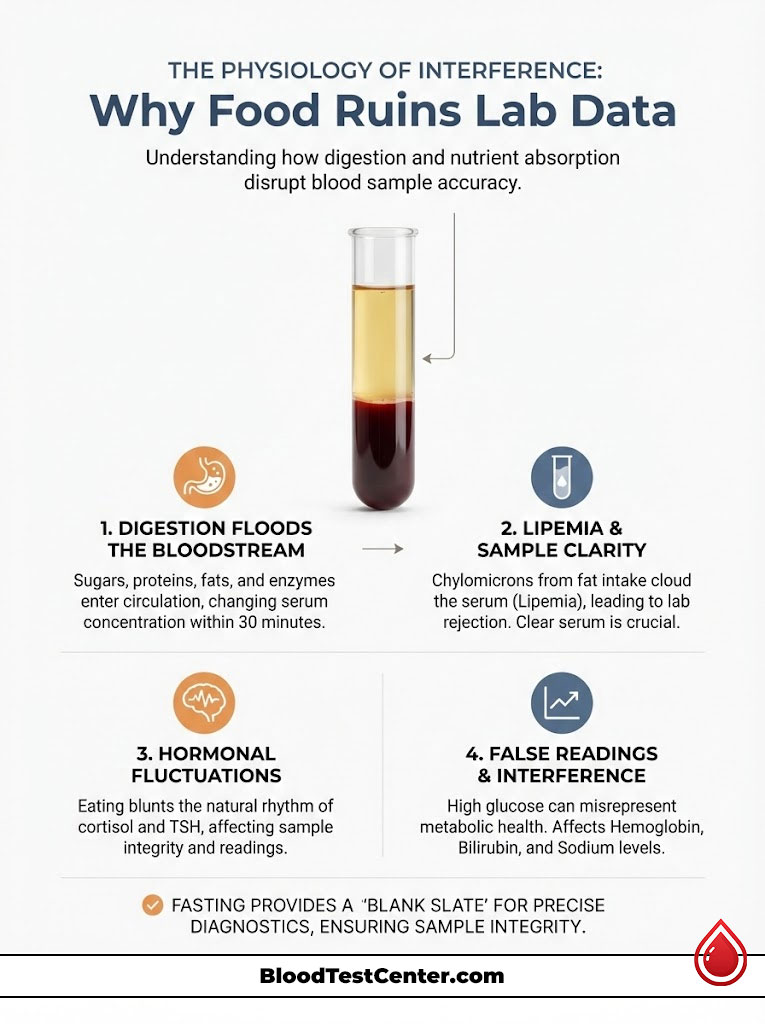 Infographic explaining how food affects blood sample accuracy with a test tube and key points on digestion and interference.